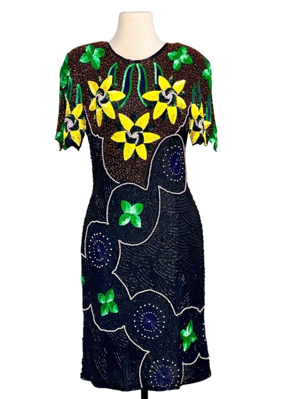 Megere Black Multicolor Floral Sequin Beaded Short Sleeves Dress Vintage Size M